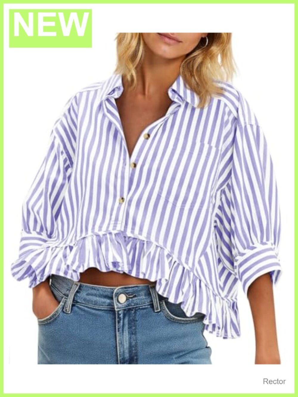 Womens Cropped Striped Button Down Shirt Ruffle 3/4 Sleeve Blouse